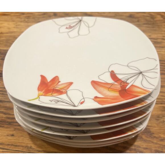SET OF 8 Tabletops Gallery LILY Square Salad Plates 8" Red Flower Minimalist EX! - Picture 1 of 15